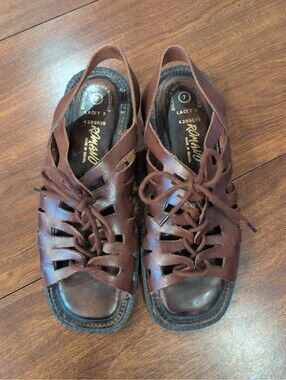 Romano Leather Gladiator Lace Up Sandals boho square toe Womens SZ 7 Brown